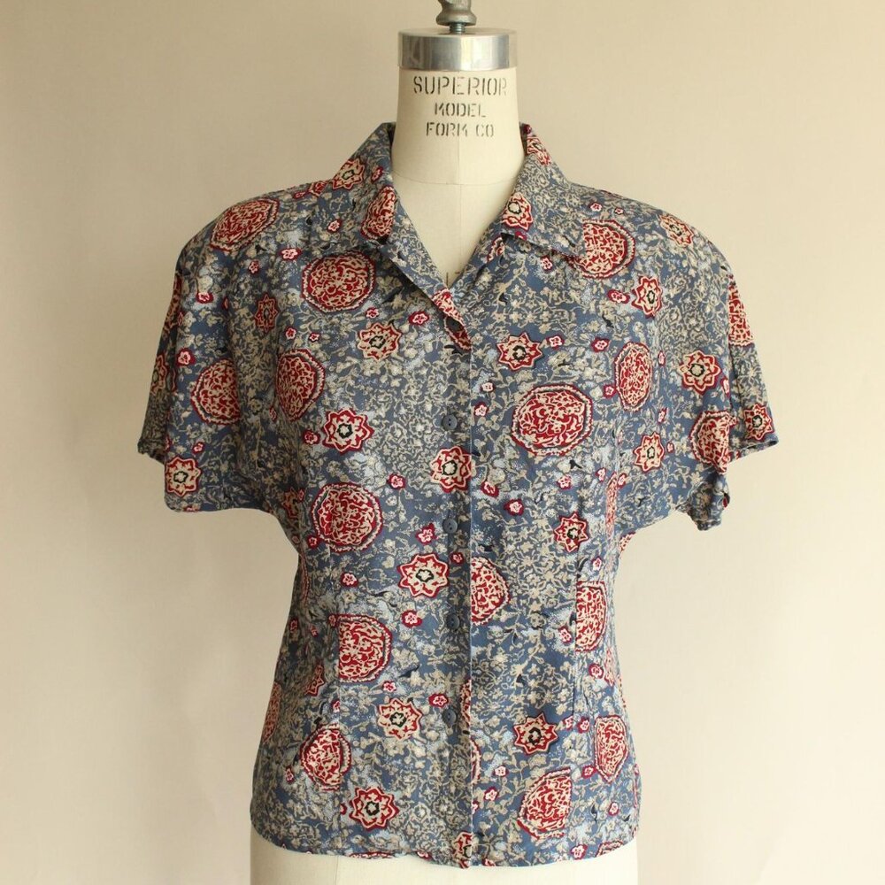Vintage 1990s 2000s Silk Blouse, First Edition by Liz Claiborne Blue Red and Tan